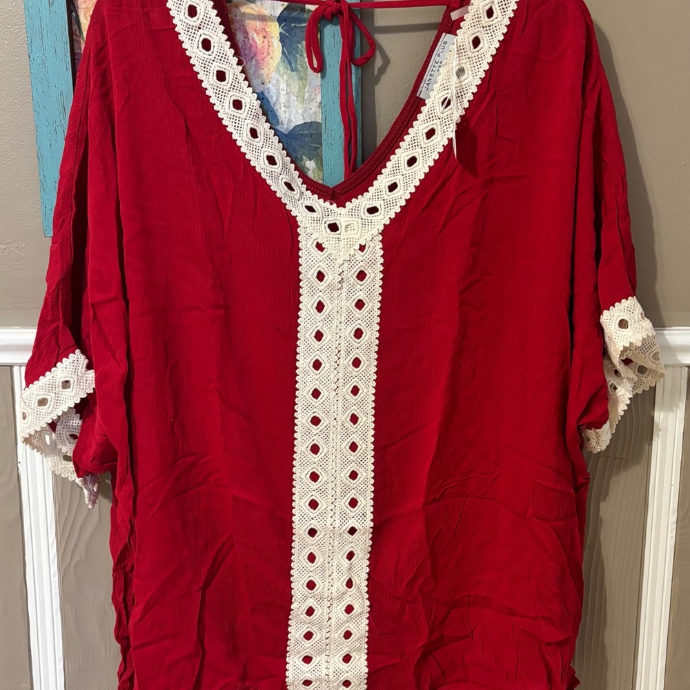 Janette Plus Red Tunic with Cream Crochet Trim